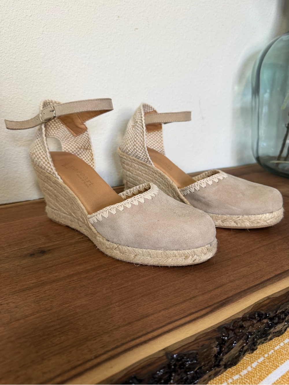 Neutral Suede Espadrille Wedge Sandals with Ankle Strap